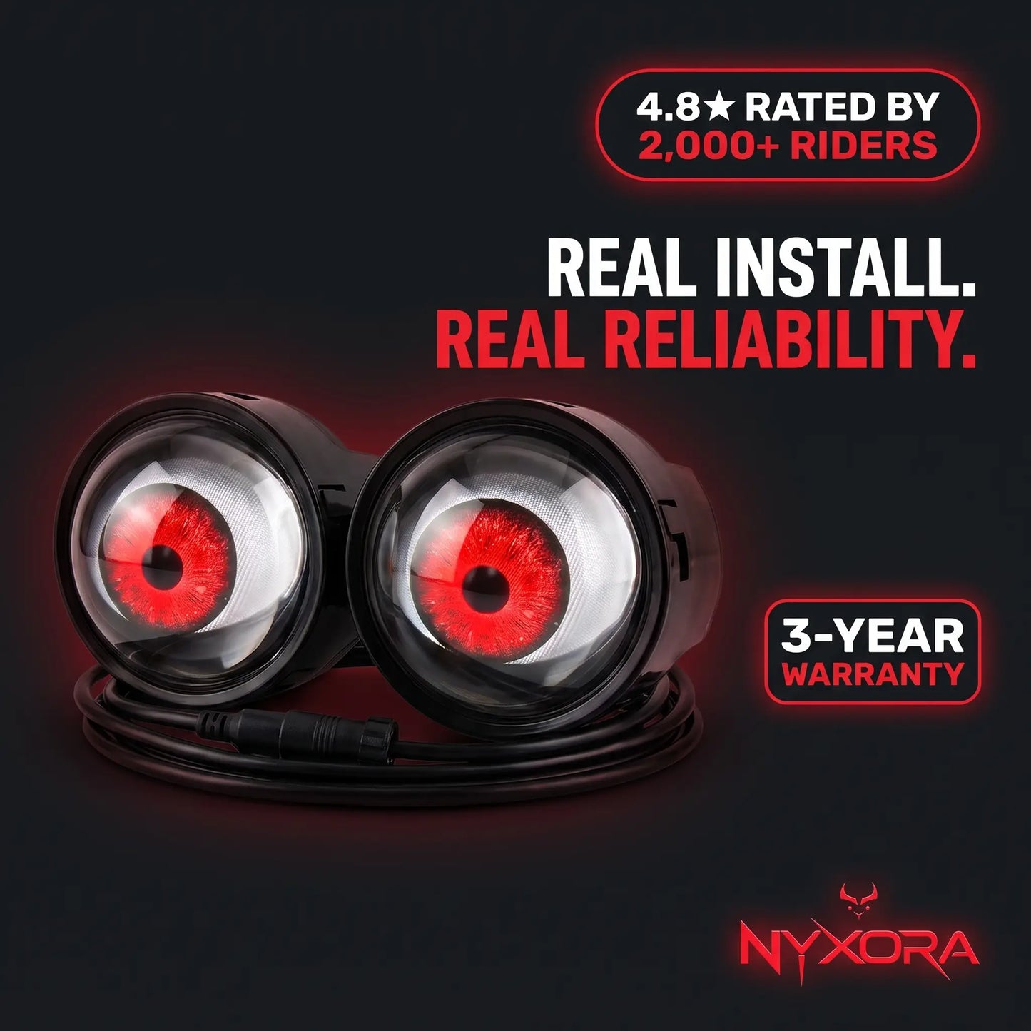 Nyxora Demon-Eye LED headlight with 4.8 star rating badge and 3-year warranty callout, red iris glowing on dark background