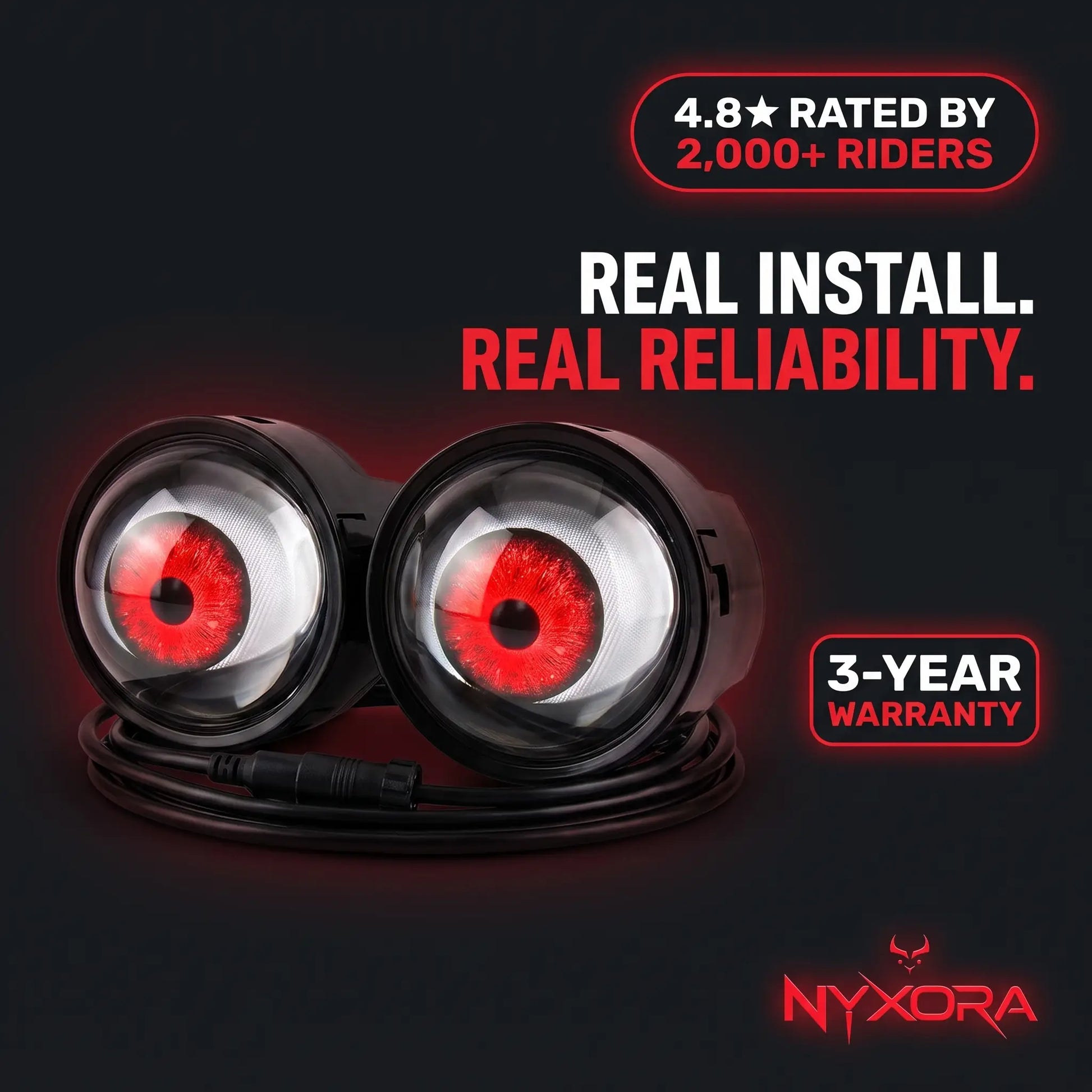 Nyxora Demon-Eye LED headlight with 4.8 star rating badge and 3-year warranty callout, red iris glowing on dark background