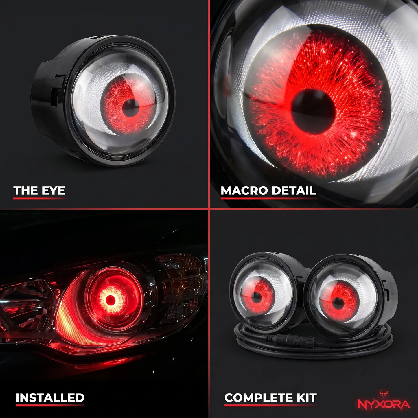 Four-panel view of Nyxora Demon-Eye LED kit showing angled product shot, macro iris detail, headlight installation, and complete kit with wiring