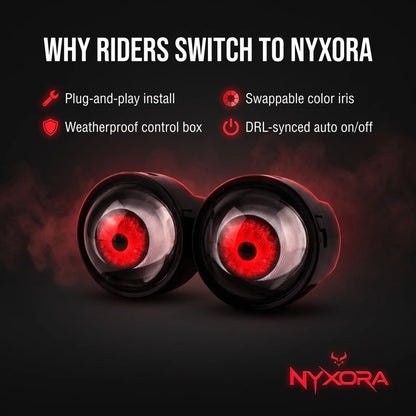 Nyxora Demon-Eye LED kit feature graphic listing plug-and-play install, weatherproof control box, swappable iris, and DRL sync