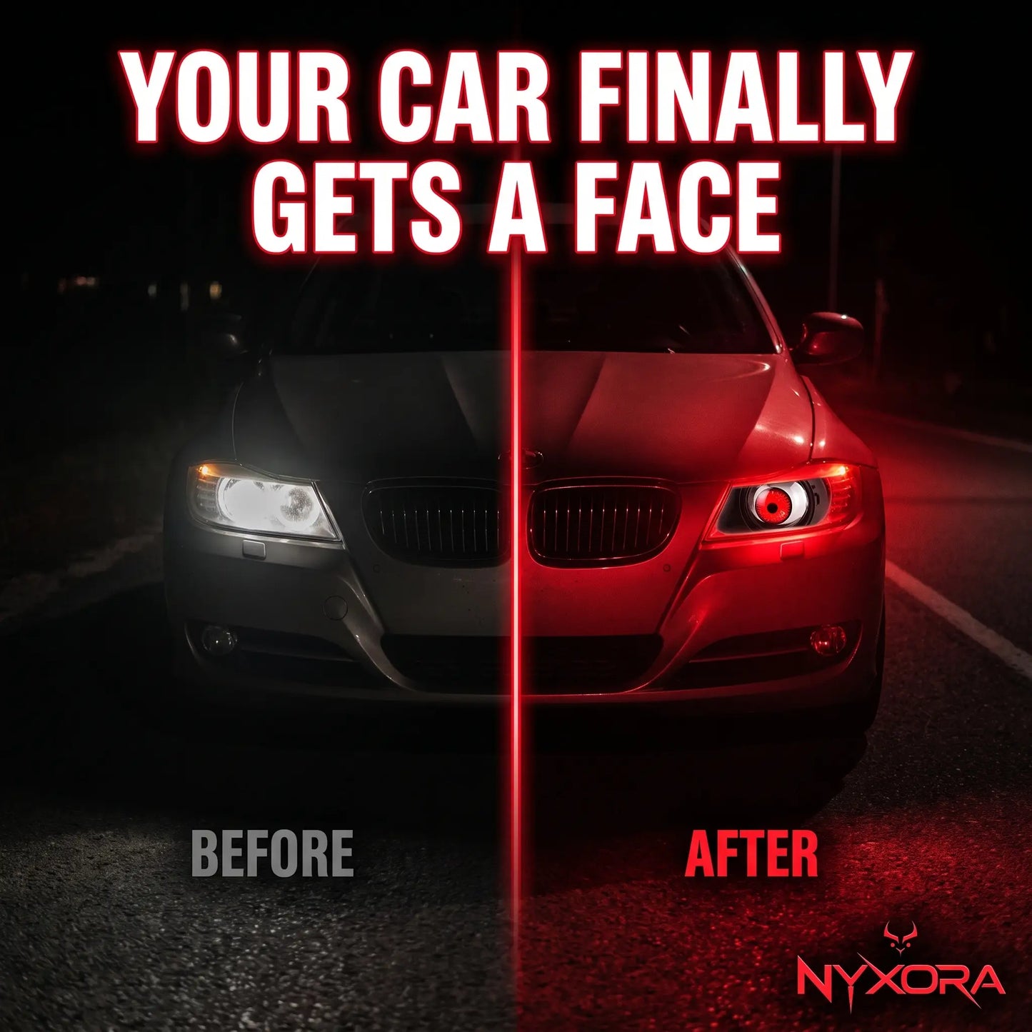 Before and after comparison of stock car headlight versus Nyxora Demon-Eye LED red iris headlight at night