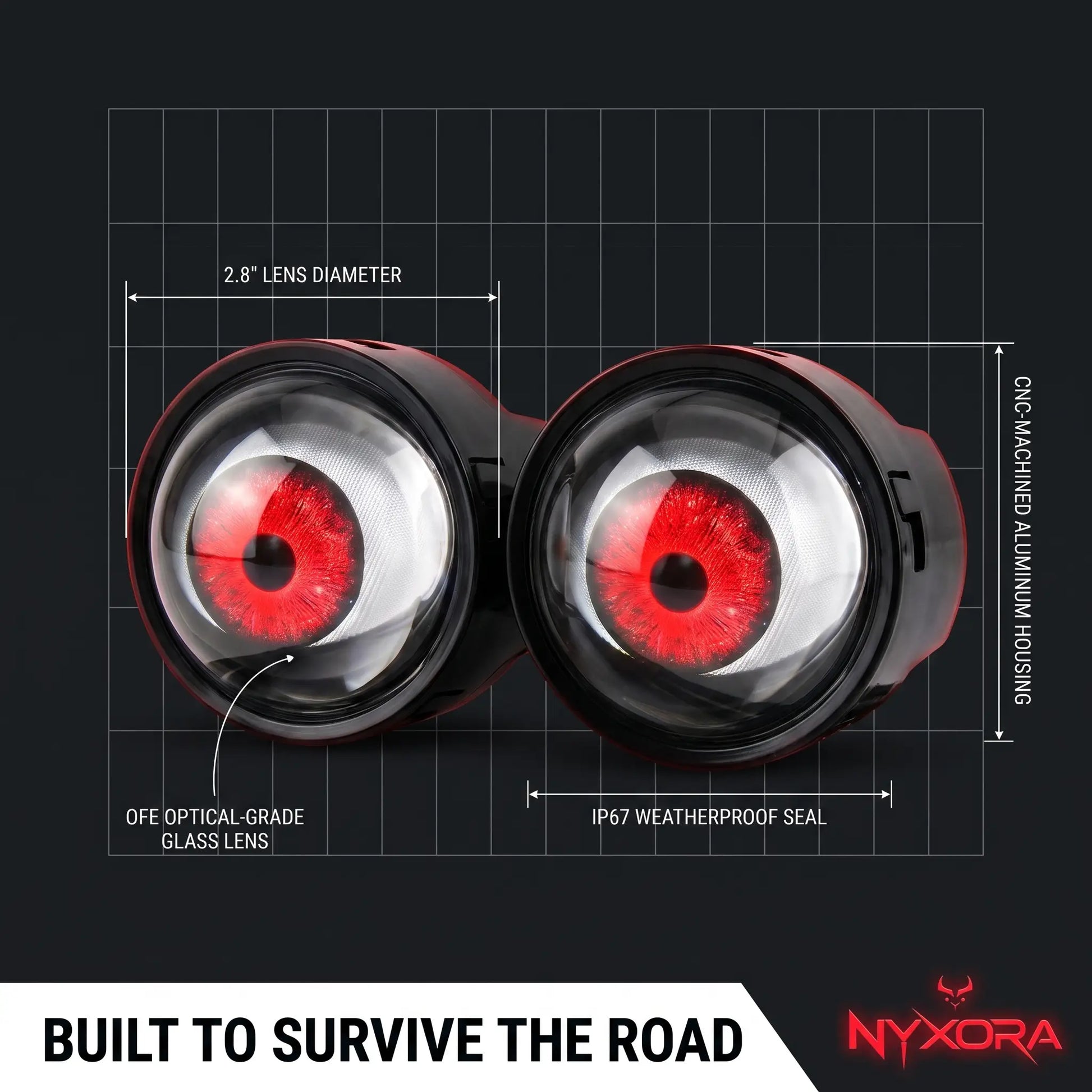 Nyxora Demon-Eye LED headlight unit shown with lens diameter, aluminum housing, and IP67 weatherproof seal specifications