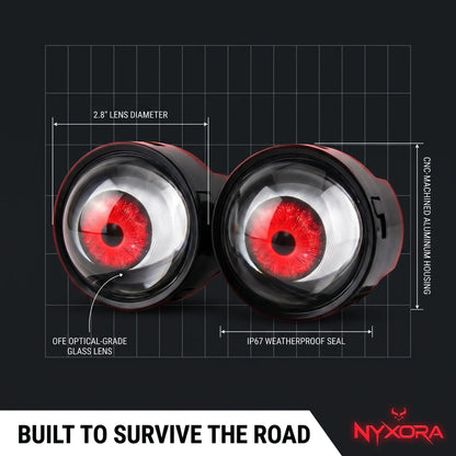 Nyxora Demon-Eye LED headlight unit shown with lens diameter, aluminum housing, and IP67 weatherproof seal specifications