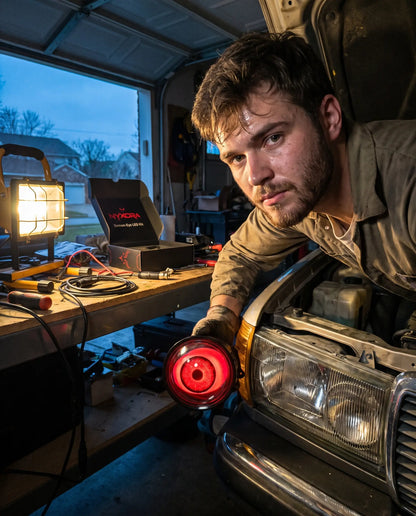 Man installing Nyxora Demon-Eye LED headlight into car headlight housing in home garage at dusk