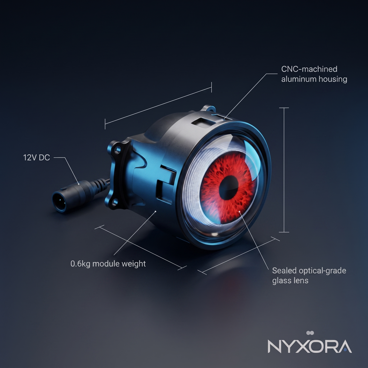 A 12V DC optical-grade lens module by NYXORA, featuring a CNC-machined aluminum housing and a red eye-patterned sealed glass lens, shown with dimension and weight labels on a dark background.