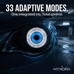 Close-up of a car headlight featuring a glowing blue and white iris-style light element, with large text reading '33 ADAPTIVE MODES. One integrated iris.