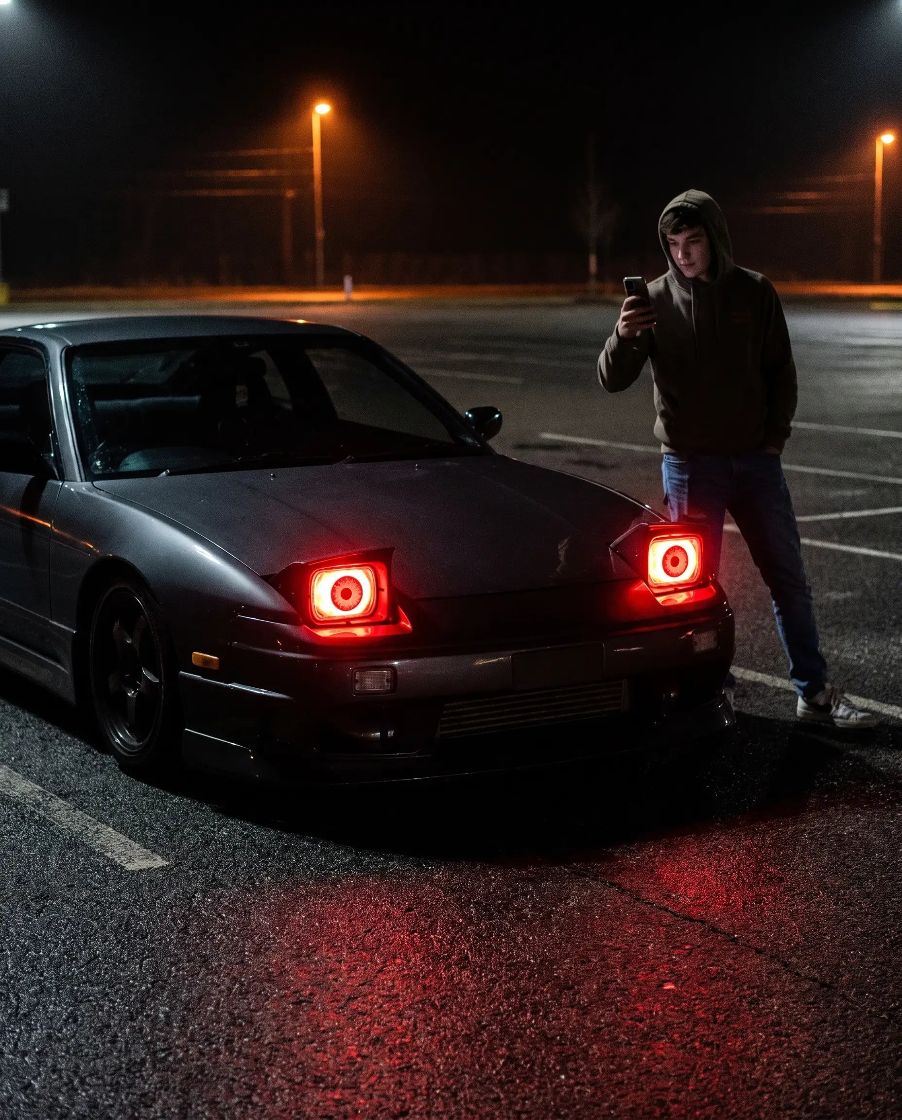Car with Nyxora demon-eye headlights glowing red at a night parking lot