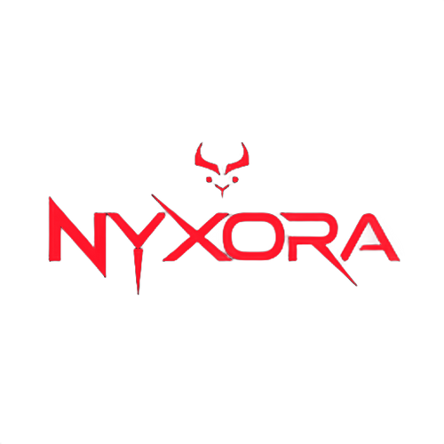 Nyxora glowing red logo with demon horns icon