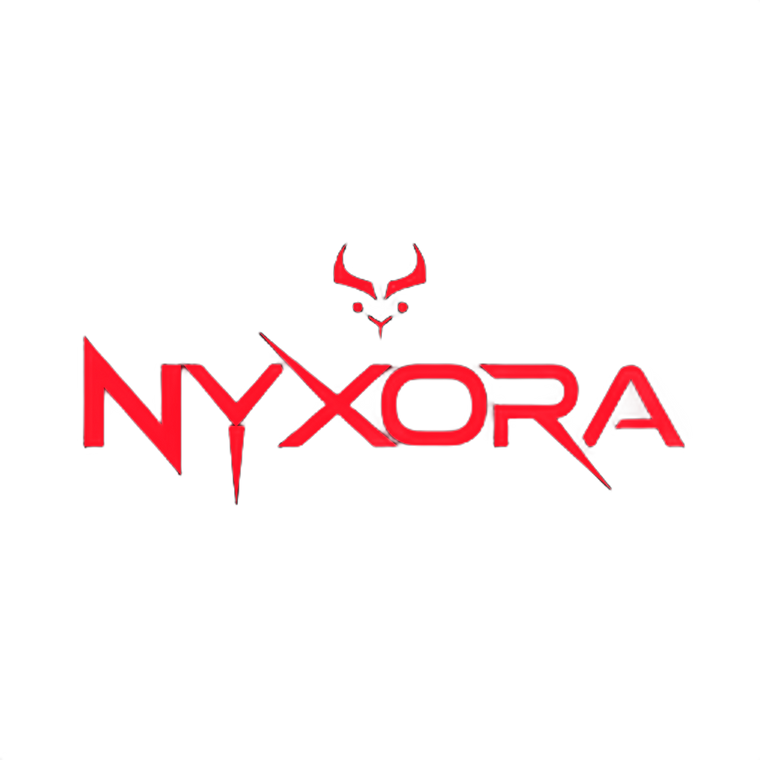 Nyxora glowing red logo with demon horns icon