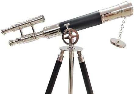 Nautical Brass Telescope with Black Leather Tripod and Double Barrel