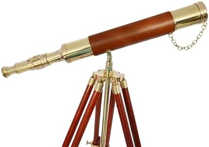 Nautical Brass Telescope with Wooden Tripod and Leather Cover