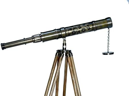 Antique Brass Flower Telescope with Wooden Tripod