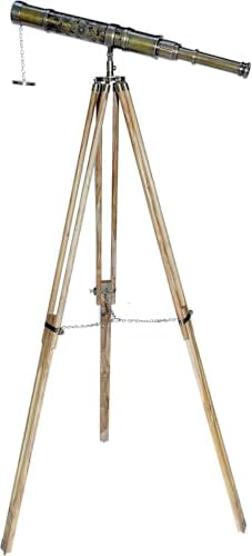 Antique Nautical Floor Standing Telescope with Brass Tube and Wooden Stand