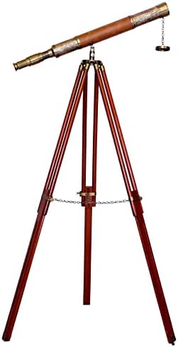 Antique Brass Telescope with Brown Leather and Wooden Tripod