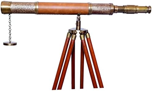Antique Brass Telescope with Brown Leather and Wooden Tripod