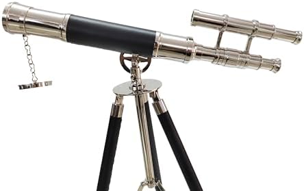 Nautical Brass Telescope with Black Leather Tripod and Double Barrel