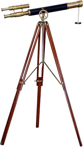Brass Antique Double Barrel Telescope With Wooden Tripod Stand