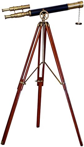 Brass Antique Double Barrel Telescope with Wooden Tripod