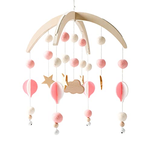 Mobile Baby Wood with Felt Balls Pink