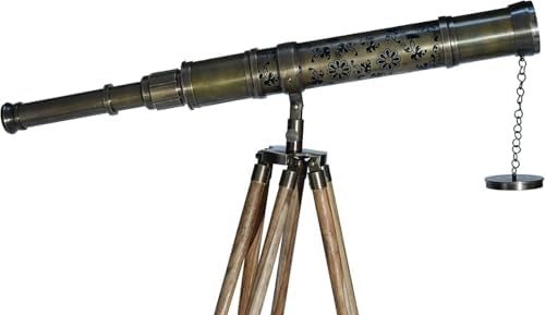 Antique Nautical Floor Standing Telescope with Brass Tube and Wooden Stand
