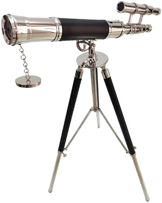 Nautical Brass Telescope with Black Leather Tripod and Double Barrel