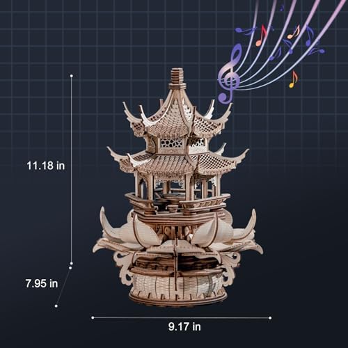 RUIFAM 3D Wooden Puzzle Lotus Pavilion Music Box Assembly Kit