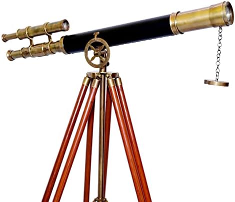 Brass Antique Double Barrel Telescope with Wooden Tripod