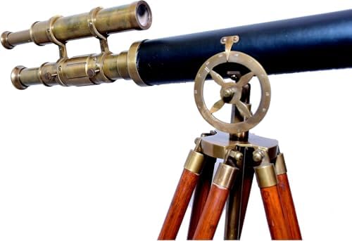 Brass Antique Double Barrel Telescope With Wooden Tripod Stand