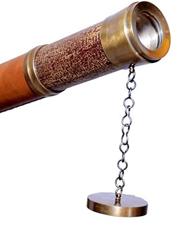 Antique Brass Telescope with Brown Leather and Wooden Tripod