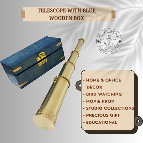 Solid Brass Pirate Spyglass Telescope with Blue Wooden Box