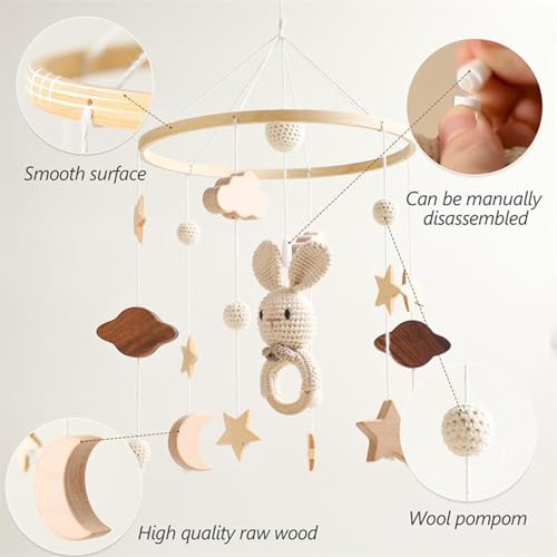 Wooden Baby Crib Mobile with Moon and Stars Design