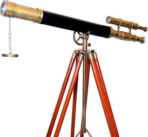 Brass Antique Double Barrel Telescope With Wooden Tripod Stand