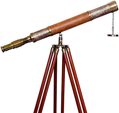 Antique Brass Telescope with Brown Leather and Wooden Tripod
