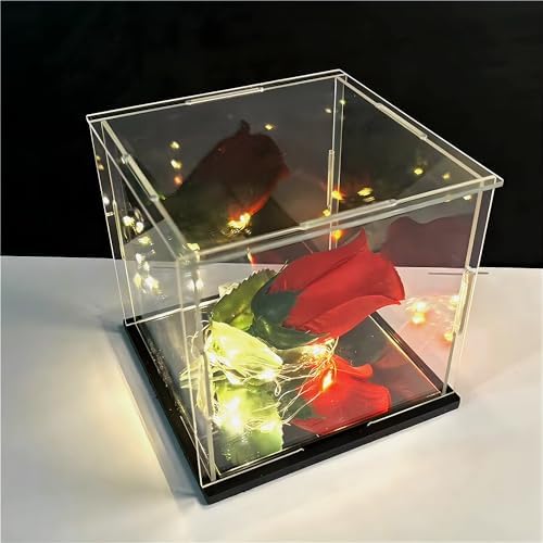 Clear Acrylic Display Case with Black Base Dustproof Collectibles Showcase 8x8x8 inch