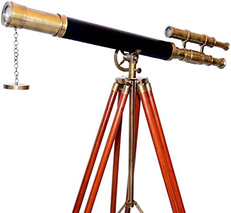 Brass Antique Double Barrel Telescope with Wooden Tripod