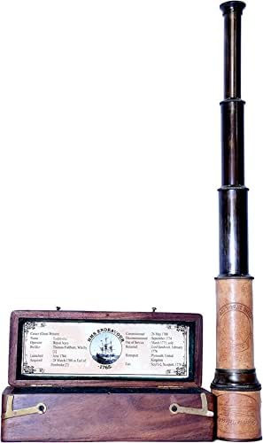 Antique Brass Telescope with Wooden Box Decor