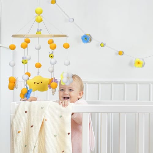 Baby Crib Mobile with Bees Flowers Leaves Yellow Bee