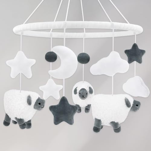 Sheep Baby Crib Mobile with Furry Sheep and Stars