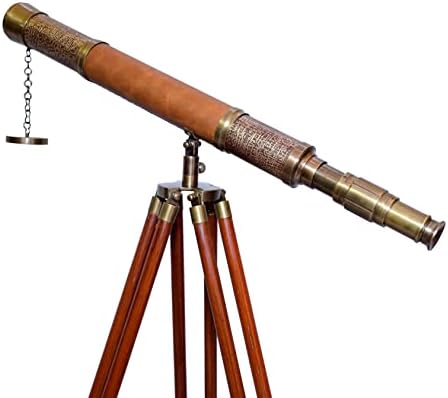 Antique Brass Telescope with Brown Leather and Wooden Tripod