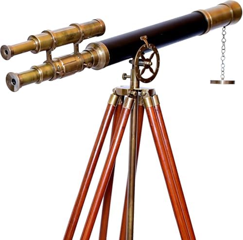 Brass Antique Double Barrel Telescope With Wooden Tripod Stand