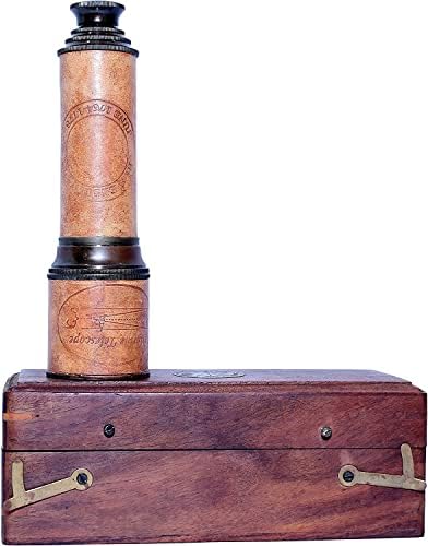 Antique Brass Telescope with Wooden Box Decor
