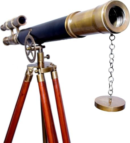 Brass Antique Double Barrel Telescope With Wooden Tripod Stand