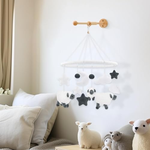 Sheep Baby Crib Mobile with Furry Sheep and Stars
