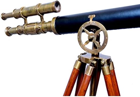 Brass Antique Double Barrel Telescope with Wooden Tripod