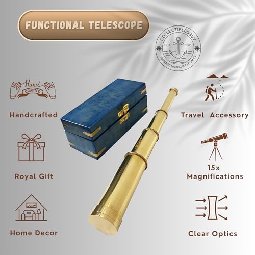 Solid Brass Pirate Spyglass Telescope with Blue Wooden Box