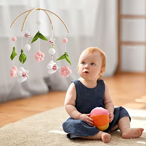 Baby Crib Mobile Wind Chime Wooden Bed Bell Decor Pink