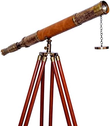 Antique Brass Telescope with Brown Leather and Wooden Tripod