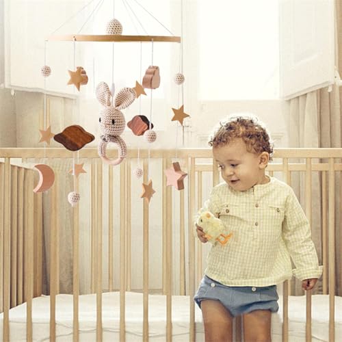 Wooden Baby Crib Mobile with Moon and Stars Design