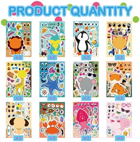 24 Sheet Animal Face Stickers for Kids Crafts