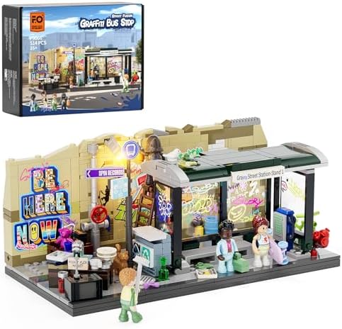 FUNWHOLE Graffiti Bus Stop Building Bricks Set 514 Pcs